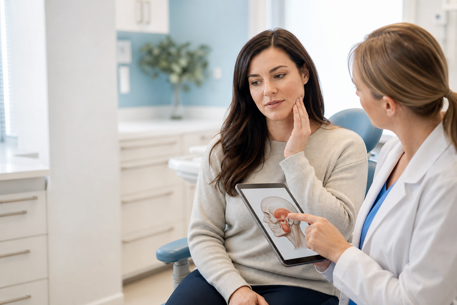 Dentist discussing jaw-muscle pain with a patient
