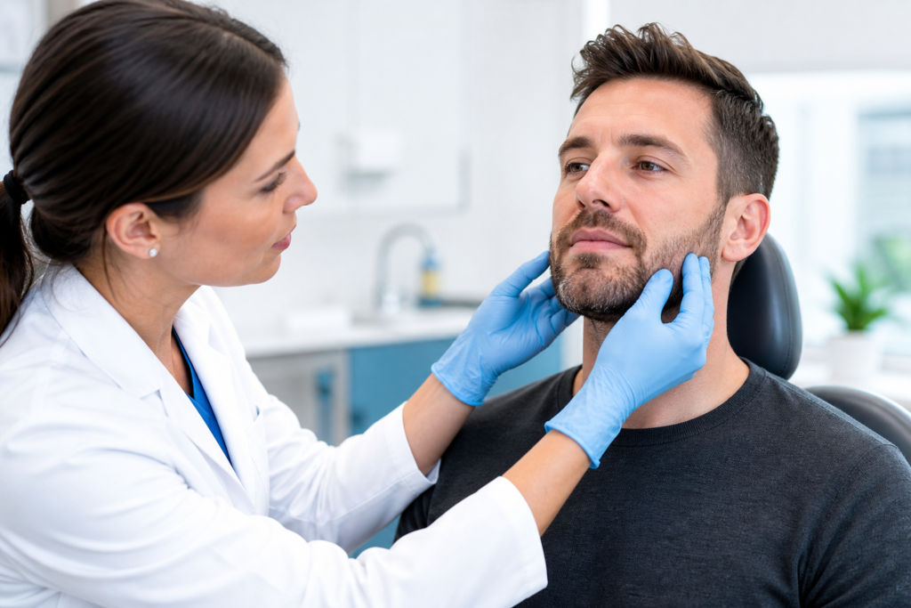 Dentist examining a patient’s jaw muscles for tenderness