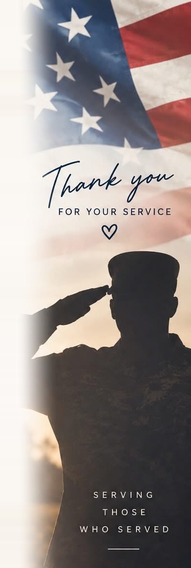 Silhouette of a service member saluting in front of the American flag with the words Thank you for your service
